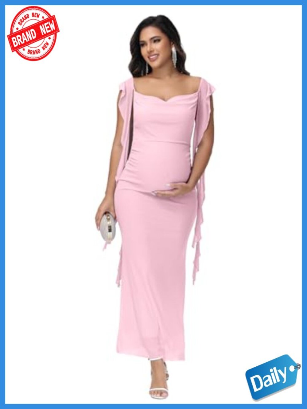 Maternity Bodycon Long Dress Square Neck Ruffle Baby Shower Photoshoot Maxi
